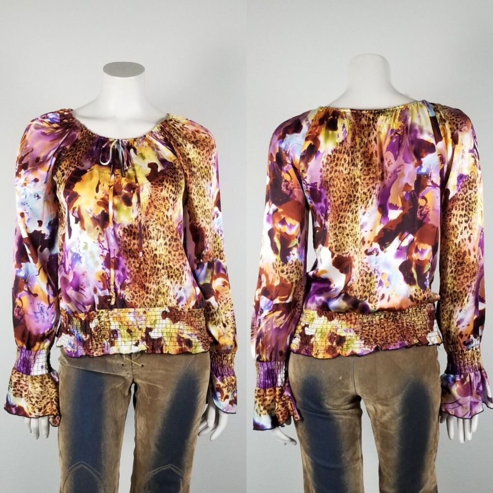 Caché VTG 90s Y2K Abstract Colorful Leopard Print Silk Peasant Blouse Size Small